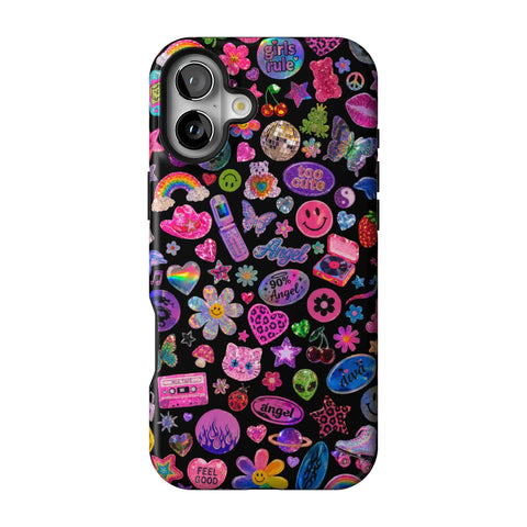 Black Y2K Stickers Print Tough Phone Case for iPhone 16 Plus