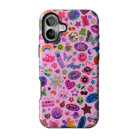 Baby Pink Y2K Stickers Print Tough Phone Case for iPhone 16 Plus