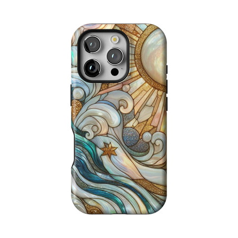 Waves & Sun Rays Stained Glass Illusion Print Tough Phone Case for iPhone 16 Pro