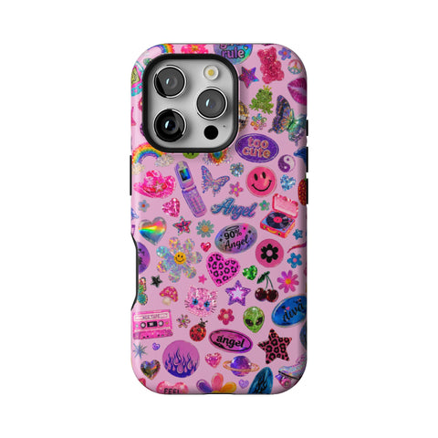 Baby Pink Y2K Stickers Print Tough Phone Case for iPhone 16 Pro