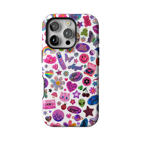 White Y2K Stickers Print Tough Phone Case for iPhone 16 Pro