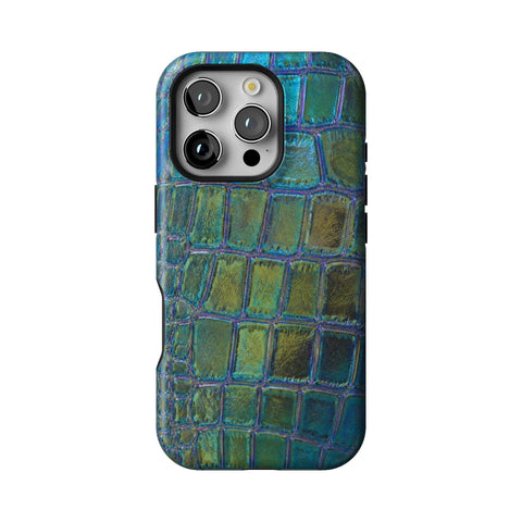 Teal Crocodile Print Tough Phone Case for iPhone 16 Pro