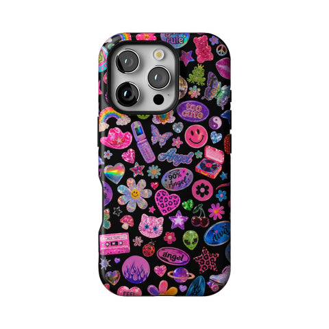 Black Y2K Stickers Print Tough Phone Case for iPhone 16 Pro