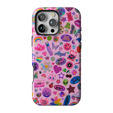 Baby Pink Y2K Stickers Print Tough Phone Case for iPhone 16 Pro Max