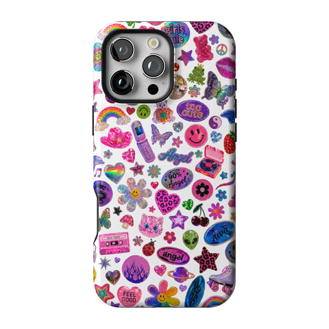 White Y2K Stickers Print Tough Phone Case for iPhone 16 Pro Max
