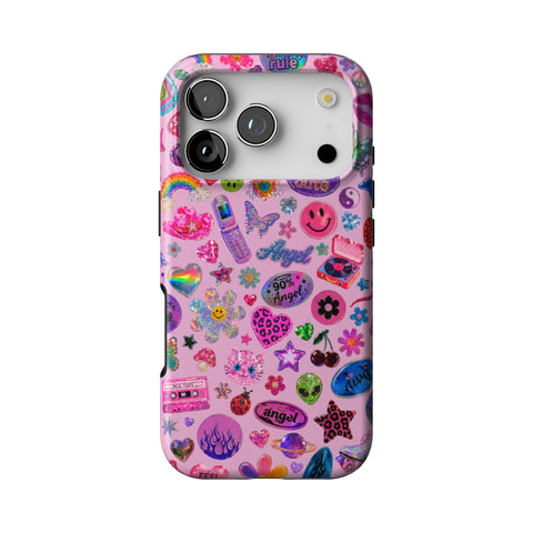 Baby Pink Y2K Stickers Print Tough Phone Case for iPhone 17 Pro