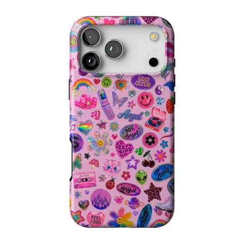 Baby Pink Y2K Stickers Print Tough Phone Case for iPhone 17 Pro Max