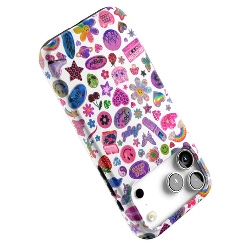 White Y2K Stickers Print Tough Phone Case for iPhone 17 Pro Max (Feat)