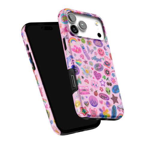 Baby Pink Y2K Stickers Print Tough Phone Case for iPhone 17 Pro Max (Feat)
