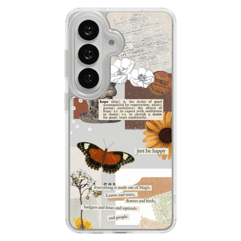 Just Be Happy Aesthetic Collage Clear Phone Case shown on Galaxy S25 Plus