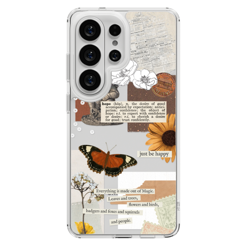 Just Be Happy Aesthetic Collage Clear Phone Case shown on Galaxy S25 Ultra