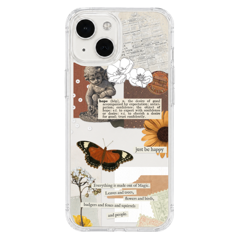 Just Be Happy Aesthetic Collage Clear Phone Case shown on iPhone 13 Mini