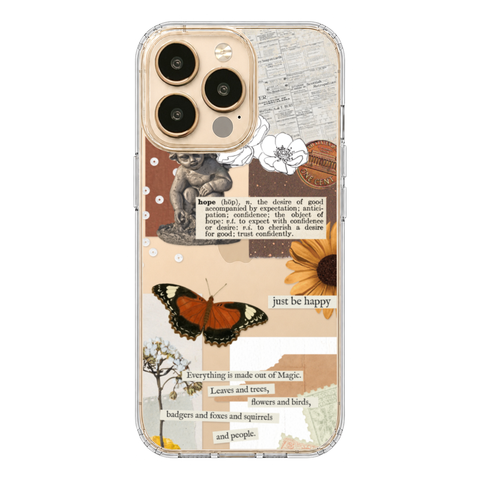 Just Be Happy Aesthetic Collage Clear Phone Case shown on iPhone 13 Pro