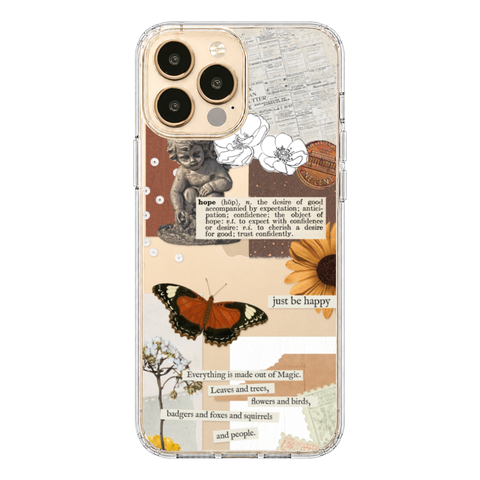 Just Be Happy Aesthetic Collage Clear Phone Case shown on iPhone 13 Pro Max