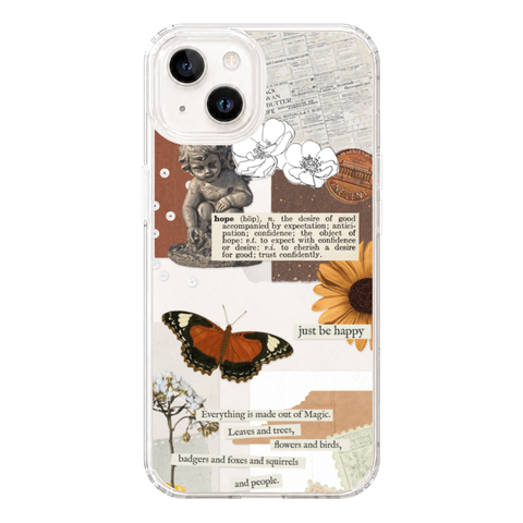 Just Be Happy Aesthetic Collage Clear Phone Case shown on iPhone 14