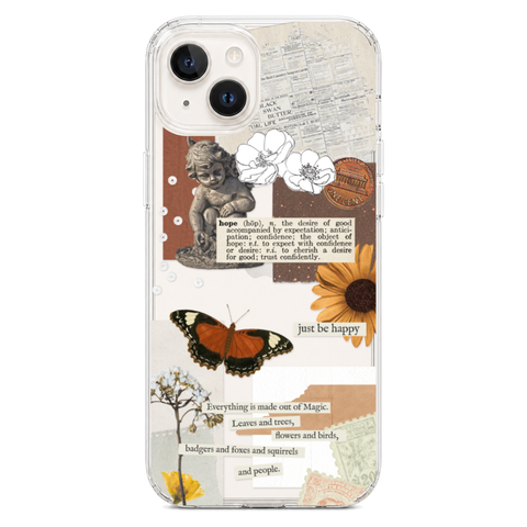 Just Be Happy Aesthetic Collage Clear Phone Case shown on iPhone 14 Plus