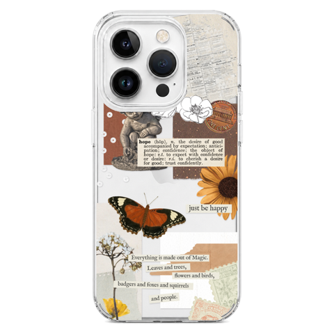 Just Be Happy Aesthetic Collage Clear Phone Case shown on iPhone 14 Pro