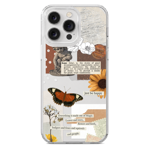 Just Be Happy Aesthetic Collage Clear Phone Case shown on iPhone 14 Pro Max