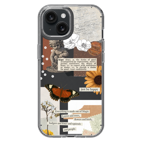 Just Be Happy Aesthetic Collage Clear Phone Case shown on iPhone 15
