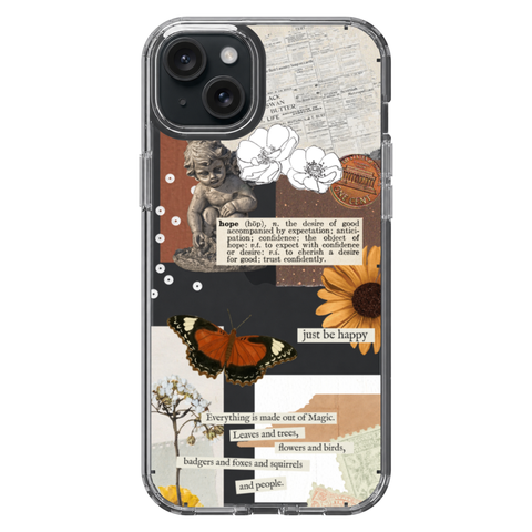 Just Be Happy Aesthetic Collage Clear Phone Case shown on iPhone 15 Plus