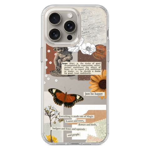 Just Be Happy Aesthetic Collage Clear Phone Case shown on iPhone 15 Pro Max