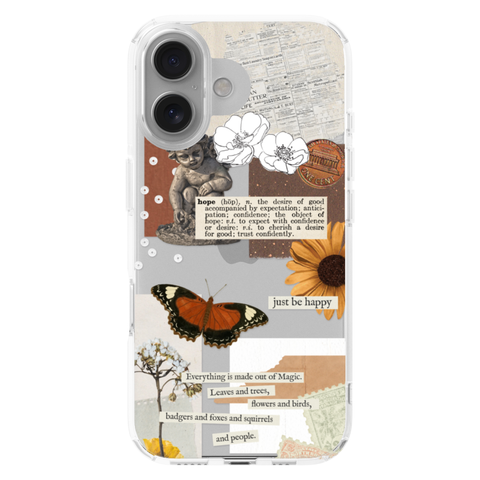 Just Be Happy Aesthetic Collage Clear Phone Case shown on iPhone 16