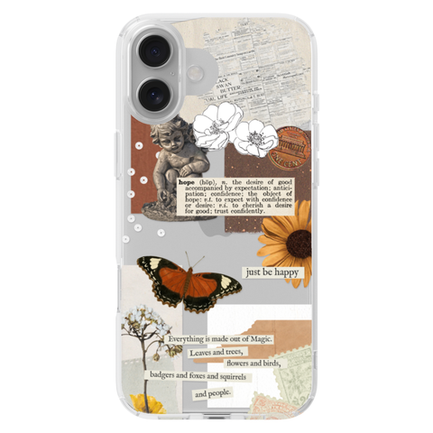 Just Be Happy Aesthetic Collage Clear Phone Case shown on iPhone 16 Plus