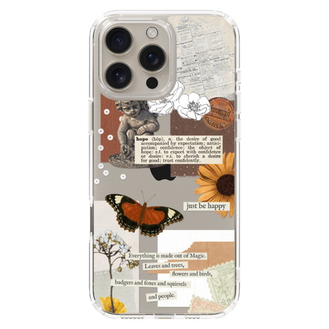 Just Be Happy Aesthetic Collage Clear Phone Case shown on iPhone 16 Pro