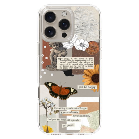 Just Be Happy Aesthetic Collage Clear Phone Case shown on iPhone 16 Pro Max