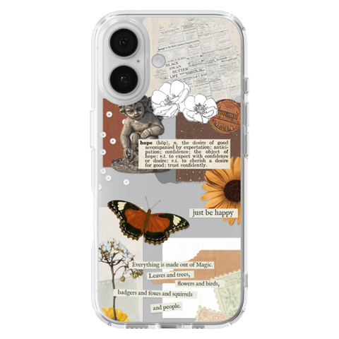 Just Be Happy Aesthetic Collage Clear Phone Case shown on iPhone 17