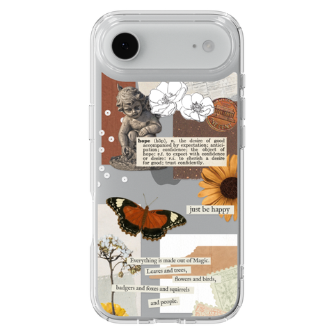 Just Be Happy Aesthetic Collage Clear Phone Case shown on iPhone 17 Air