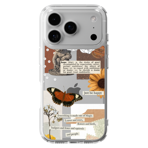 Just Be Happy Aesthetic Collage Clear Phone Case shown on iPhone 17 Pro