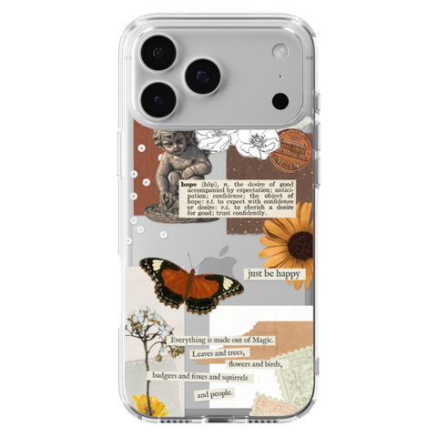 Just Be Happy Aesthetic Collage Clear Phone Case shown on iPhone 17 Pro Max