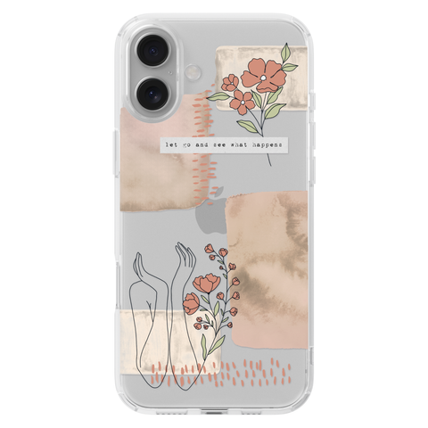 Let Go And See What Happens Collage Clear Phone Case shown on iPhone 16 Plus