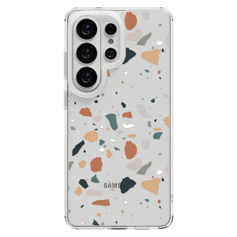 Minimal Earth Tone Terrazzo Clear Phone Case shown on Galaxy S25 Ultra