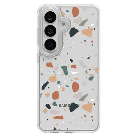 Minimal Earth Tone Terrazzo Clear Phone Case shown on Galaxy S26 Plus
