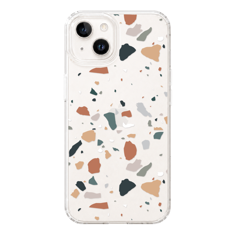 Minimal Earth Tone Terrazzo Clear Phone Case shown on iPhone 13