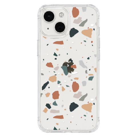 Minimal Earth Tone Terrazzo Clear Phone Case shown on iPhone 13 Mini