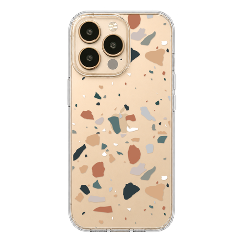 Minimal Earth Tone Terrazzo Clear Phone Case shown on iPhone 13 Pro