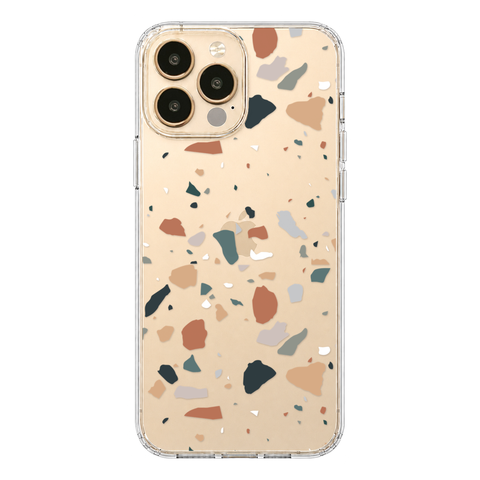 Minimal Earth Tone Terrazzo Clear Phone Case shown on iPhone 13 Pro Max