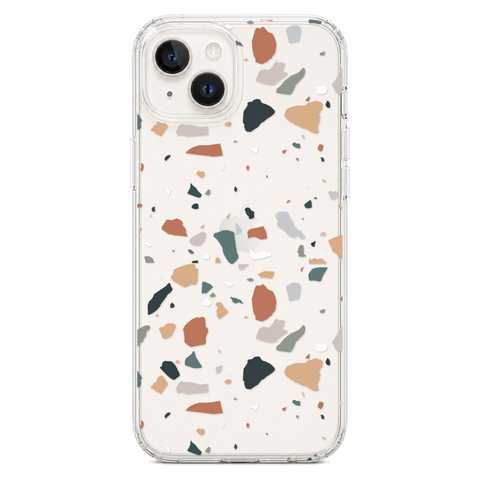 Minimal Earth Tone Terrazzo Clear Phone Case shown on iPhone 14 Plus