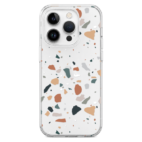 Minimal Earth Tone Terrazzo Clear Phone Case shown on iPhone 14 Pro