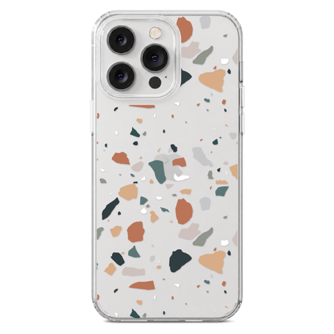 Minimal Earth Tone Terrazzo Clear Phone Case shown on iPhone 14 Pro Max