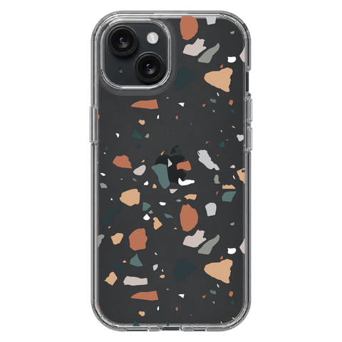 Minimal Earth Tone Terrazzo Clear Phone Case shown on iPhone 15