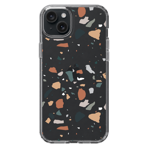 Minimal Earth Tone Terrazzo Clear Phone Case shown on iPhone 15 Plus