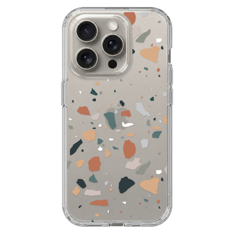 Minimal Earth Tone Terrazzo Clear Phone Case shown on iPhone 15 Pro