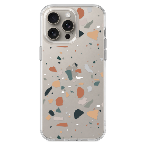 Minimal Earth Tone Terrazzo Clear Phone Case shown on iPhone 15 Pro Max