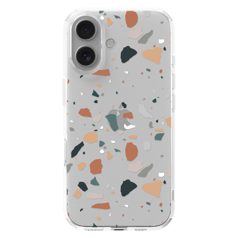 Minimal Earth Tone Terrazzo Clear Phone Case shown on iPhone 16