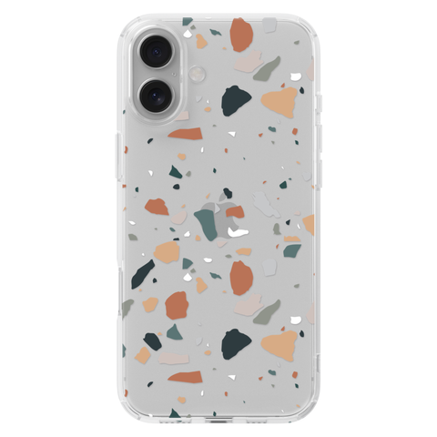 Minimal Earth Tone Terrazzo Clear Phone Case shown on iPhone 16 Plus