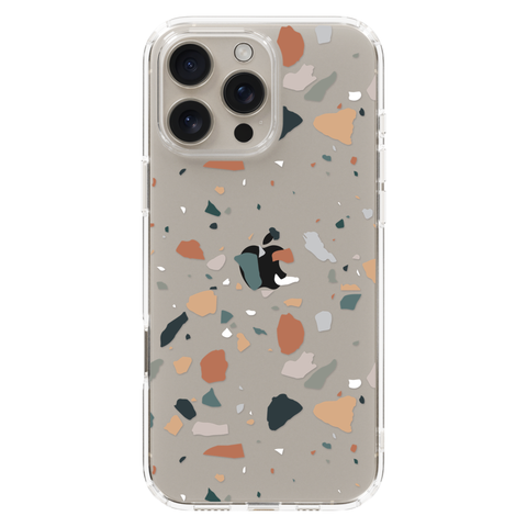 Minimal Earth Tone Terrazzo Clear Phone Case shown on iPhone 16 Pro